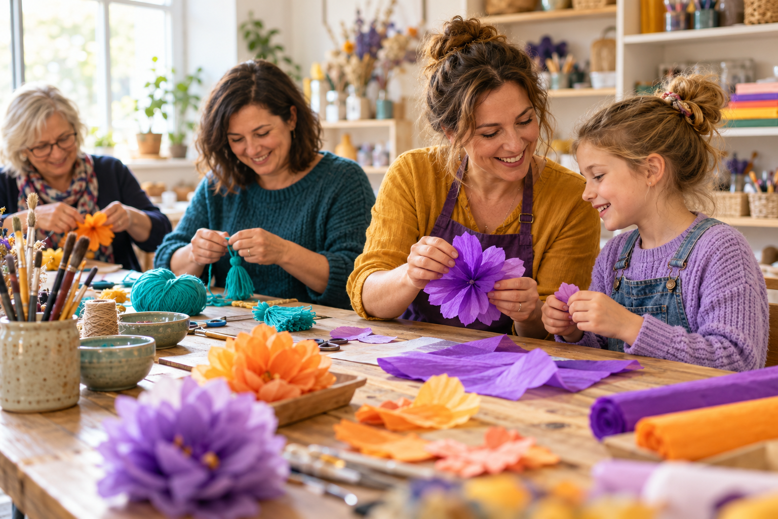 Samen papierbloemen maken aan een creatieve werktafel